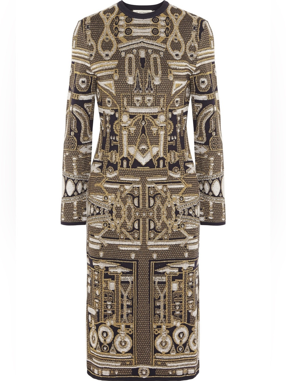 Mary Katrantzou structural Metallic Gold Jacquard Knit Midi Dress XS